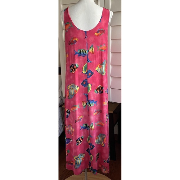 Vintage Jostar Tank Dress Pink Maxi Fish Print 90s Beach Stretch Slinky USA made - Picture 4 of 11